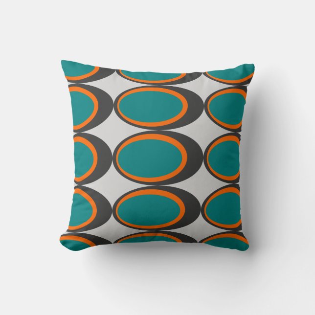 Retro Oval Print - Teal, Orange and Dark Grey Cushion (Front)