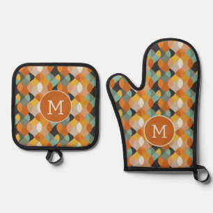 Retro Oval Shapes Orange Teal Gold Monogram Oven Mitt & Pot Holder Set