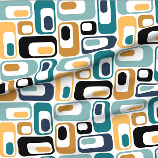 retro ovals white teal mustard black aqua indigo  fabric