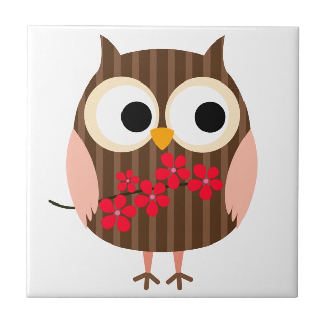 Retro Owl Girl with Flowers Ceramic Tile (Front)