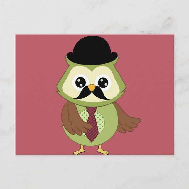 Retro Owl with Hat, tie and Moustache Postcard (Front)