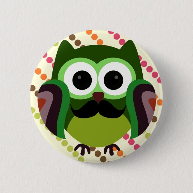Retro Owl with Moustache 6 Cm Round Badge (Front)