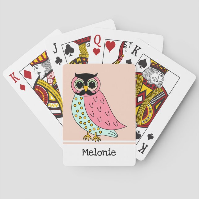 Retro Owl with Moustache Add Name Playing Cards (Back)