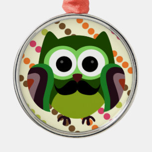 Retro Owl with Moustache Metal Ornament
