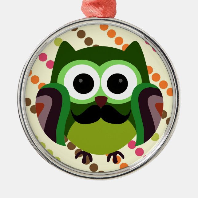 Retro Owl with Moustache Metal Ornament (Front)