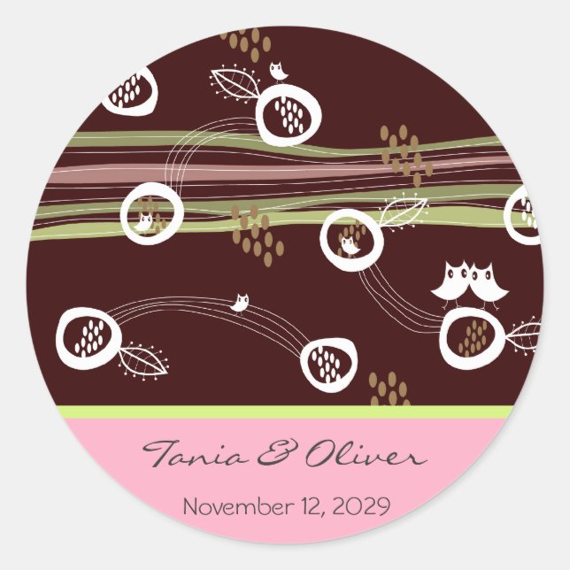 Retro Owls Family Custom Wedding Label Sticker (Front)