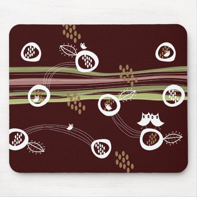 Retro Owls Family Cute Whimsical Stripes Nest Fun Mouse Pad (Front)