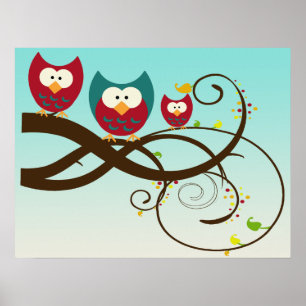Retro Owls on Swirly Branch Poster
