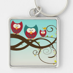 Retro Owls Swirly Branch Keychain