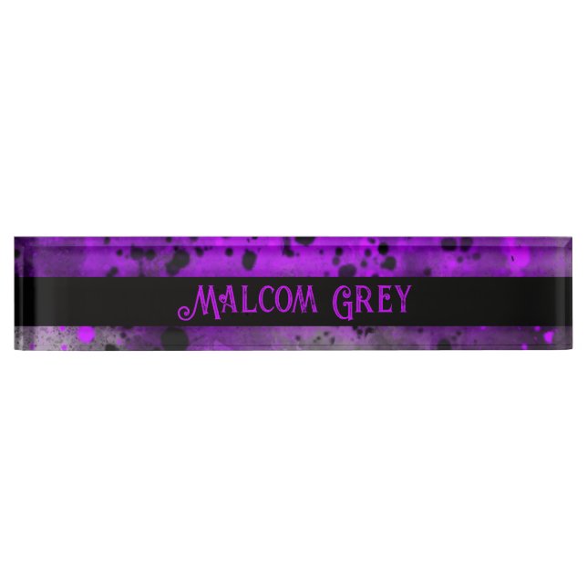 Retro Paint Splatter Effect Purple & Black  Nameplate (Front)
