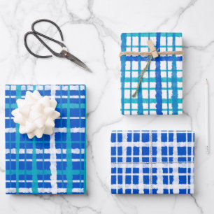 Retro Painted Plaid Pattern in Blue and White Wrapping Paper Sheet