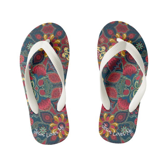 Retro Paisley Design Jesus Loves Me Kid's Thongs (Footbed)