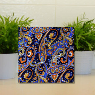 Retro Paisley Pattern Blue White Orange Colourful Ceramic Tile