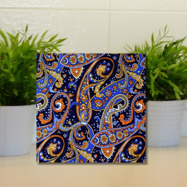 Retro Paisley Pattern Blue White Orange Colourful Ceramic Tile (Add personality to your tiled space with this retro paisley pattern ceramic tile in blues + oranges.)