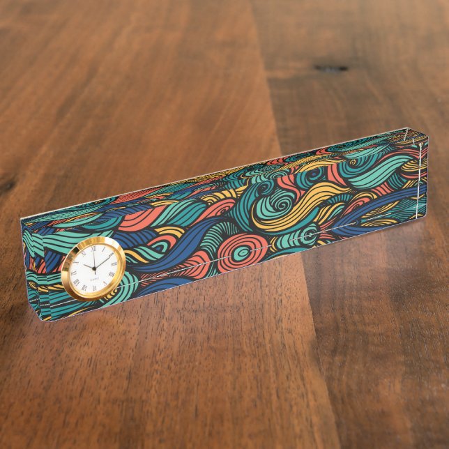 Retro Paisley Wave Desk Name Plate Clock (Side)