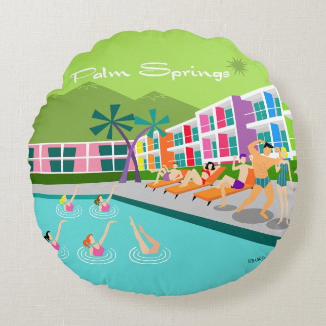 Retro Palm Springs Hotel Round Pillow (Front)