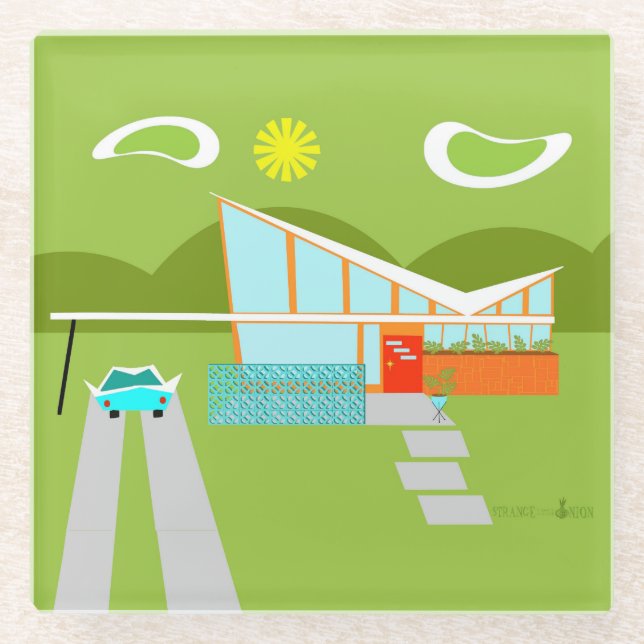 Retro Palm Springs House Glass Coaster (Front)