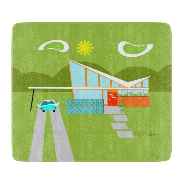 Retro Palm Springs House Glass Cutting Board (Front)