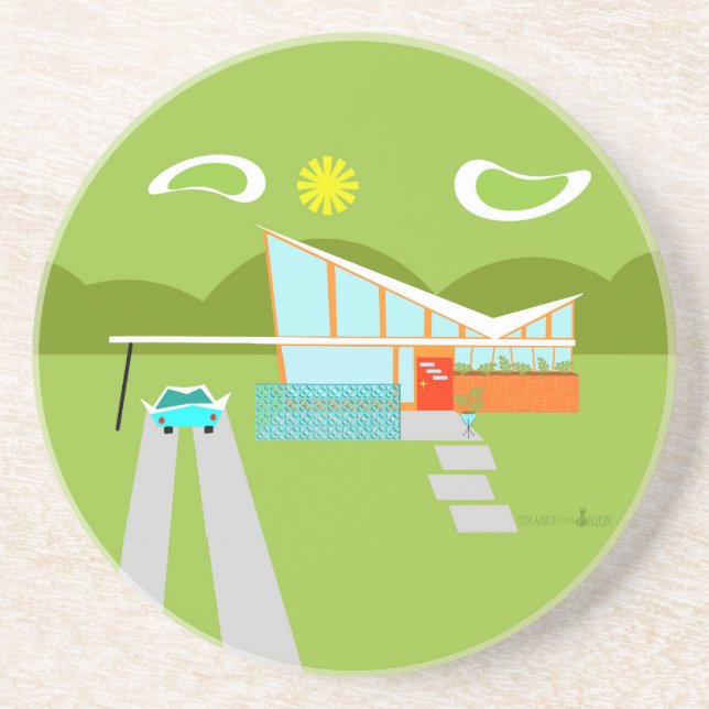 Retro Palm Springs House Sandstone Drink Coaster (Front)