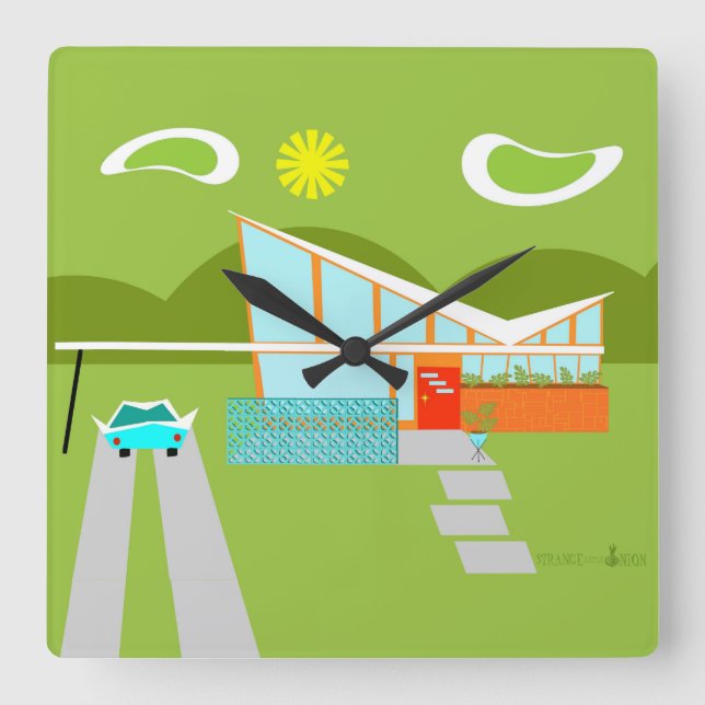 Retro Palm Springs House Square Wall Clock (Front)