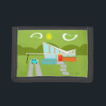Retro Palm Springs House Trifold Nylon Wallet<br><div class="desc">This Retro Palm Springs House with Car Trifold Nylon Wallet is a mid century modern lover’s dream. The minimalist art design features a sleek orange and glass house with a dramatically sloping checkmark shape roof. The red door offsets the orange stone planter filled with greenery and the decorative turquoise cinderblock...</div>