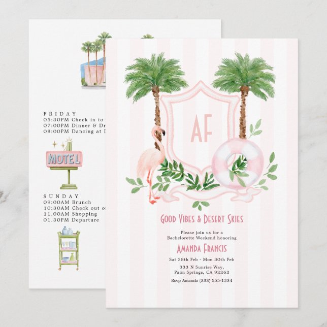 Retro Palm Springs Monogram Bachelorette Weekend Invitation (Front/Back)