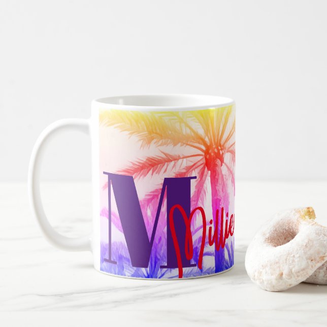 Retro Palm Sunset – Personalised Name Coffee Mug (With Donut)