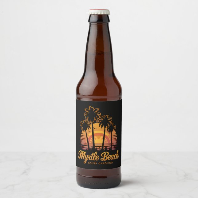 Retro Palm Tree Sunset South Carolina Myrtle Beach Beer Bottle Label (Front)