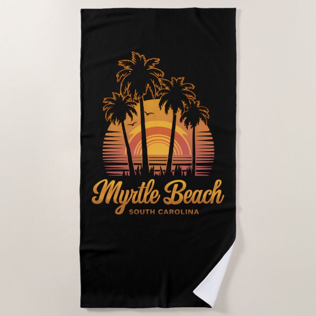 Retro Palm Tree Sunset South Carolina Myrtle Beach Towel (Front)
