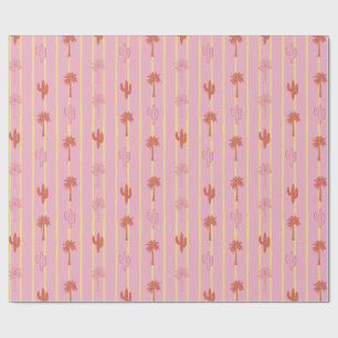 Retro Palm Trees and Cactus in Yellow Stripes Wrapping Paper