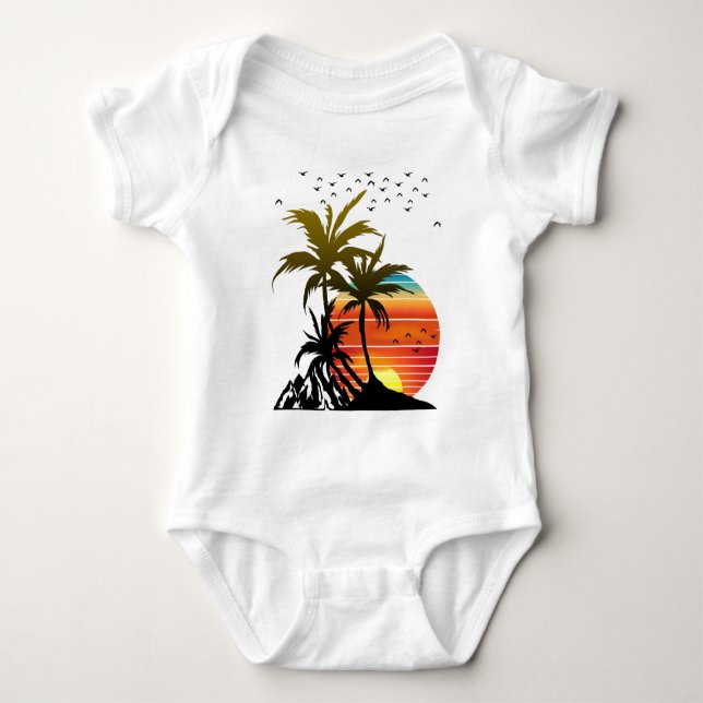 Retro Palm Trees Mountain Sunset  Baby Bodysuit (Front)