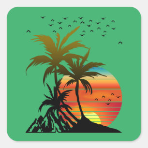 Retro Palm Trees Mountain Sunset  Square Sticker