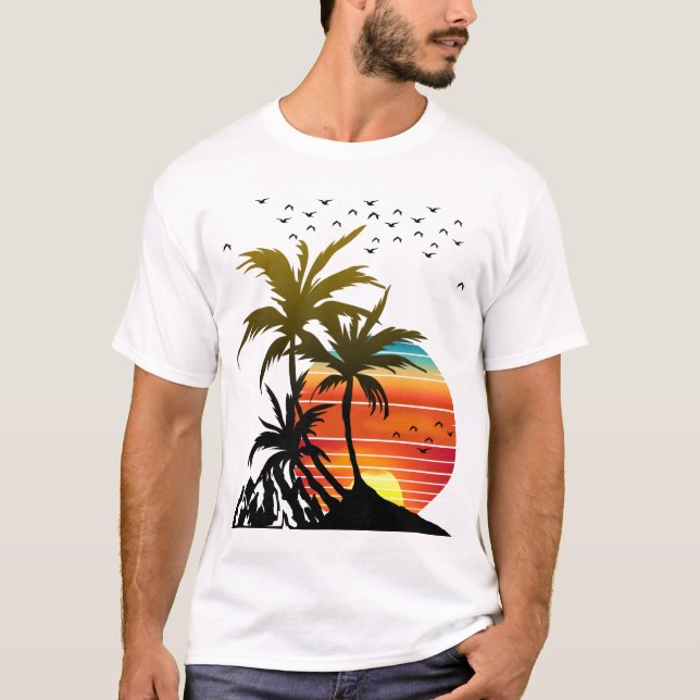 Retro Palm Trees Mountain Sunset T-Shirt (Front)