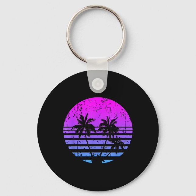 Retro Palm Trees Sunset Summer Vacation Beach Key Ring (Front)