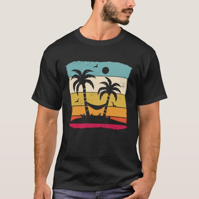 Retro palm trees with hammock tropical beach holid T-Shirt (Front)
