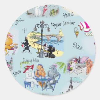 Retro Paris Poodle Collage Classic Round Sticker