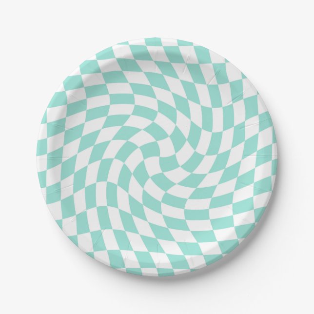 Retro Pastel Baby Blue Checks Warped Chequerboard Paper Plate (Front)