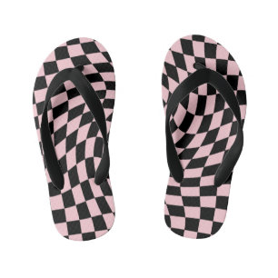 Retro Pastel Black Pink Checks Warped Chequerboard Kid's Thongs