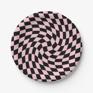 Retro Pastel Black Pink Checks Warped Chequerboard Paper Plate