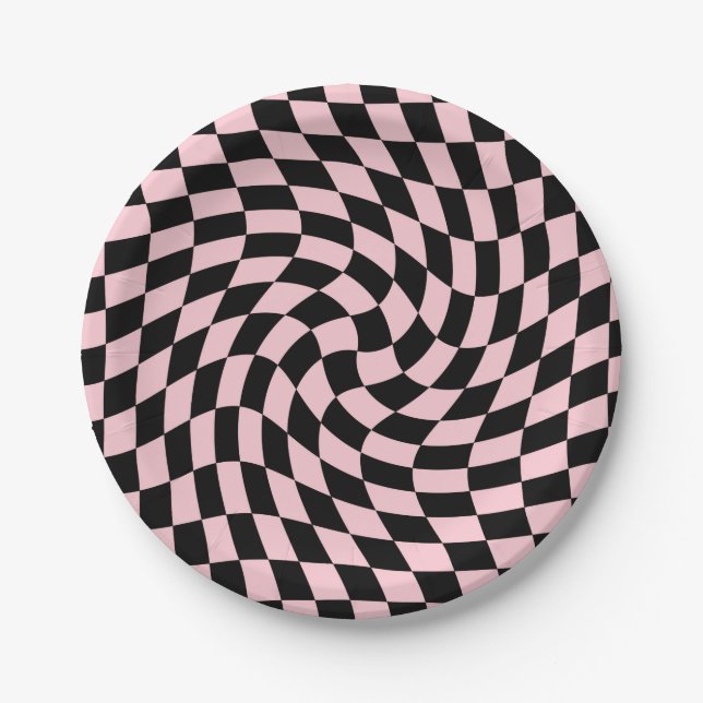 Retro Pastel Black Pink Checks Warped Chequerboard Paper Plate (Front)