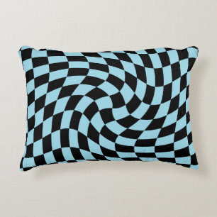 Retro Pastel Blue Black Warped Check Chequered  Decorative Cushion