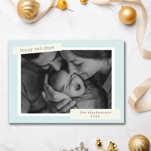Retro Pastel Blue Custom Photos Family Christmas Holiday Card