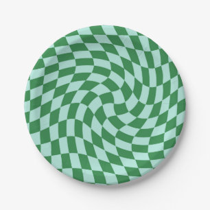 Retro Pastel Blue Green Checks Warped Chequerboard Paper Plate