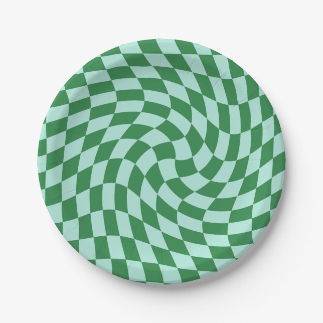 Retro Pastel Blue Green Checks Warped Chequerboard Paper Plate (Front)