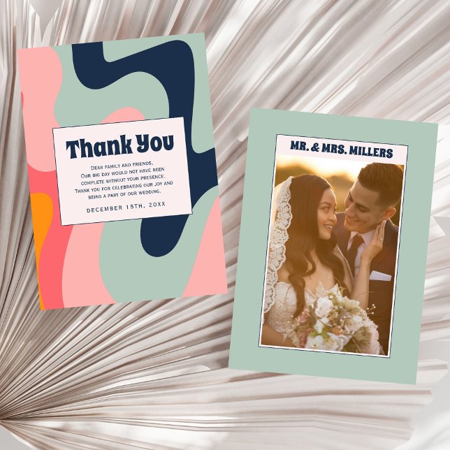 Retro Pastel Blue Groovy 70s Photo Thank You Card (Creator Uploaded)