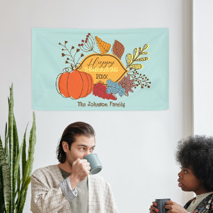 Retro Pastel Blue Pumpkin Family Thanksgiving Banner