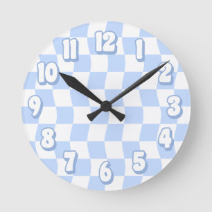 Retro Pastel Blue White Wavy Chequered Round Clock