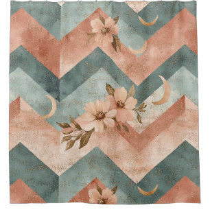 Retro Pastel Chevron with Flowers and Moons Shower Curtain