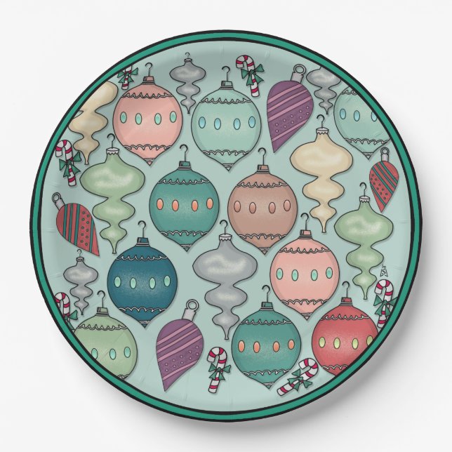 Retro Pastel Christmas Ornaments on Opal Blue Paper Plate (Front)