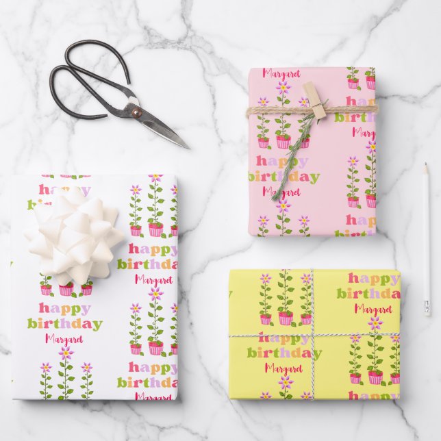 Retro Pastel Colourful Floral Personalised Birthda Wrapping Paper Sheet (Front)